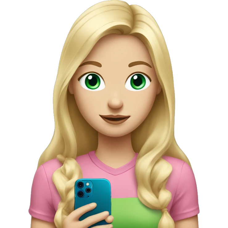 Long blond hair girl with blue eyes and pink shirt holding an iPhone 12 green emoji