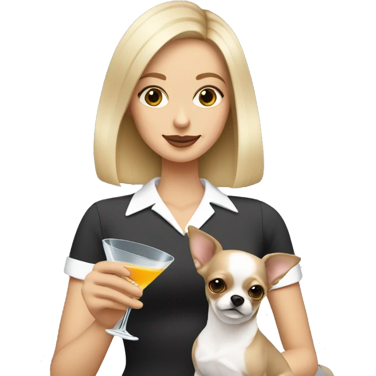 White girl with blonde and brown bob holding Grey long haired chihuahua drinking a martini emoji