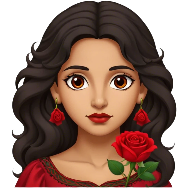 A Romani woman with long, wavy dark hair and a single red rose behind one ear. She has deep eyes and a confident, mysterious expression emoji
