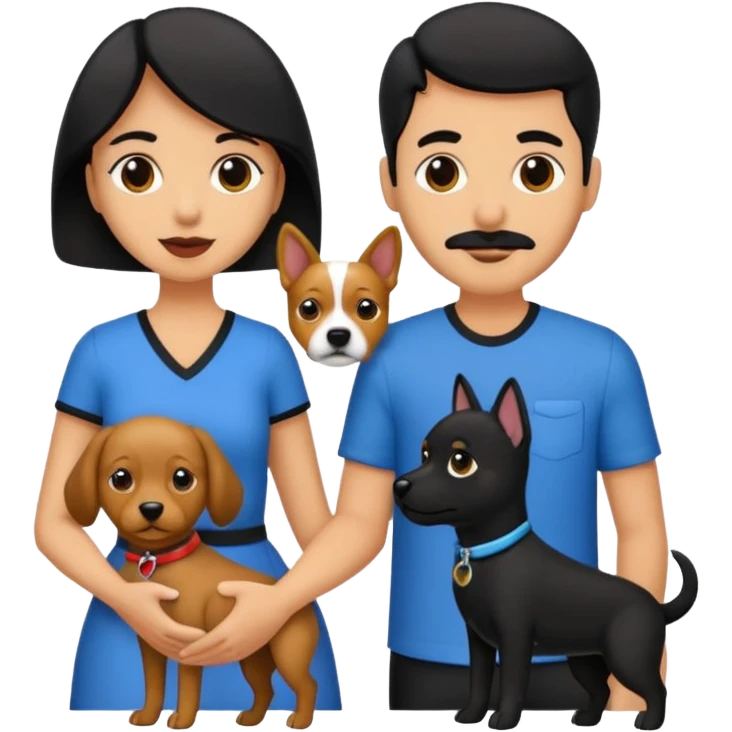 Pareja hombre y mujer, pelo negro ambos, y con dos perritos pincher en sus brazos emoji
