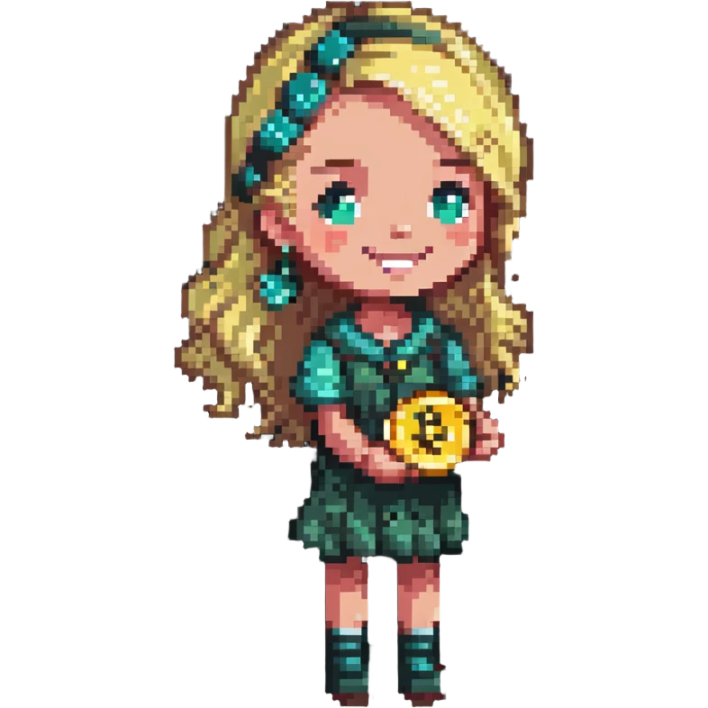 smiling blonde girl with coins emoji