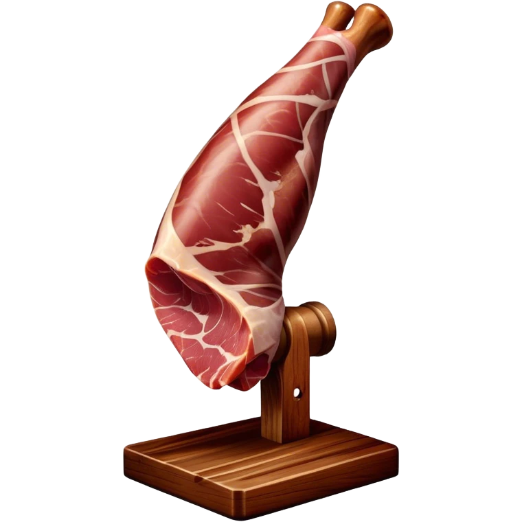 ​Cinematic Realistic Spanish Jamón Leg, depicted as a massive, cured leg of Jamón serrano (ham) with a deep reddish-brown hue, intricately marbled and slightly glossy with age, elegantly displayed on a rustic wooden stand and bathed in warm, soft lighting that accentuates its artisanal heritage, emoji