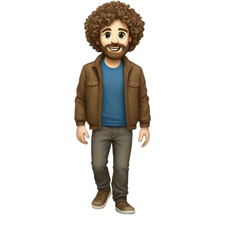 A caucasian man with super thick curly hair and curly beard walking on his toes. He’s an autistic toe walker. Make his outfit super old and granola type, he’s only 24 but dresses like he’s 60 emoji