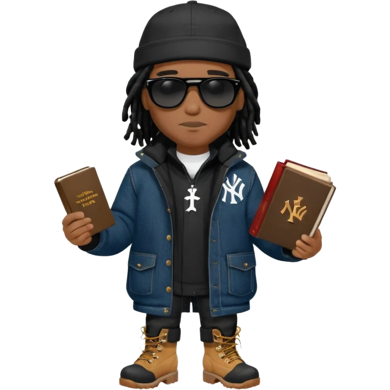 African American man with shoulder length black dreadlocks and black sunglasses wearing a black New York Yankees baseball hat with a North Face brand bubble winter coat with denim skinny jeans and timberland boots walk holding a holy bible emoji