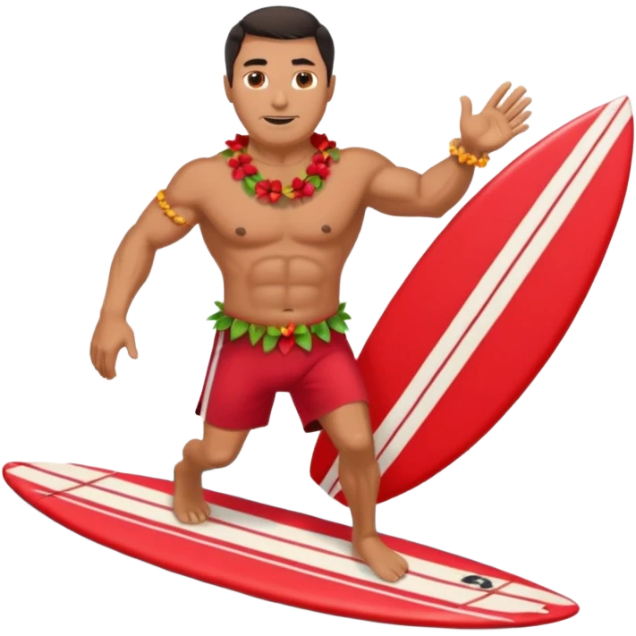 Dark-haired tan muscular 50 year old man with red shorts and shell lei surfing emoji