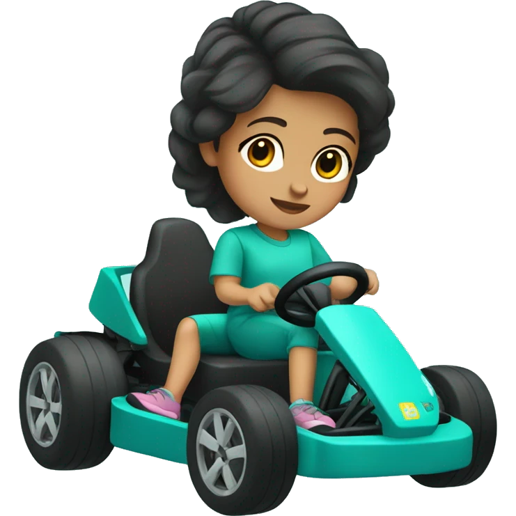 Girl with dark brown hair, on a teal go kart emoji