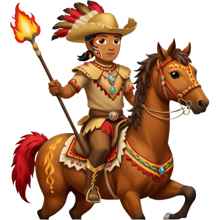 Male Chief Osceola wearing traditional Seminole garb and face paint , riding Appaloosa horse and planting a spear with feathers and flames on tail into football field emoji