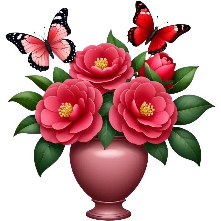 Majestic butterfly with Cherry Red and Dark Garnet wings fluttering above a Lush Red bouquet of Camellias in a Romantic Dusty Pink vase, with subtle golden light enhancing the scene. emoji
