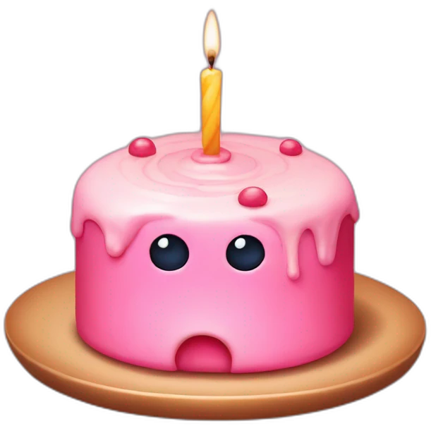 Pink small cake with candle, and two eyes in the glaze, two teeth crawling out from under the glaze emoji