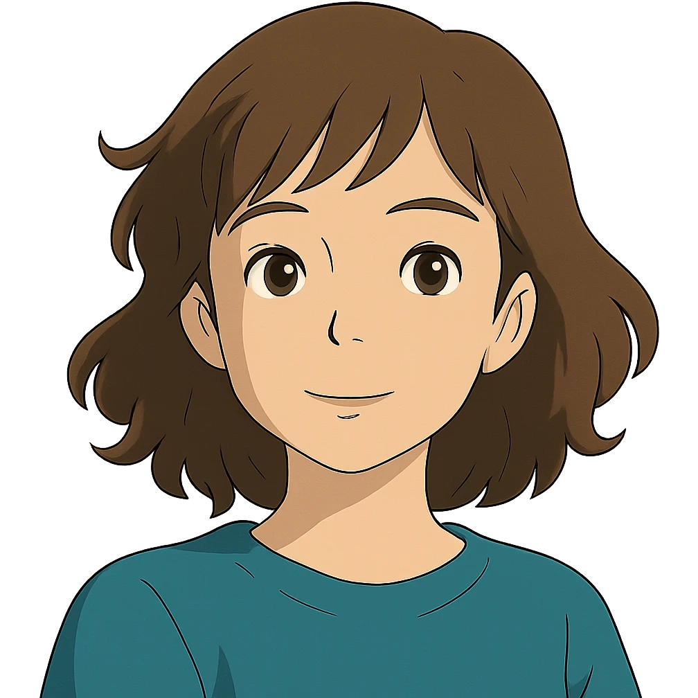 ghibli style portrait of an Asian girl with medium brown wavy hair and brown eyes emoji