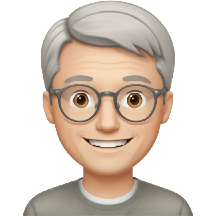 30 yr old pale white man, grey side swept hair, round glasses, big smile, white teeth, handsome, longer hair, thin glasses, no wrinkles emoji