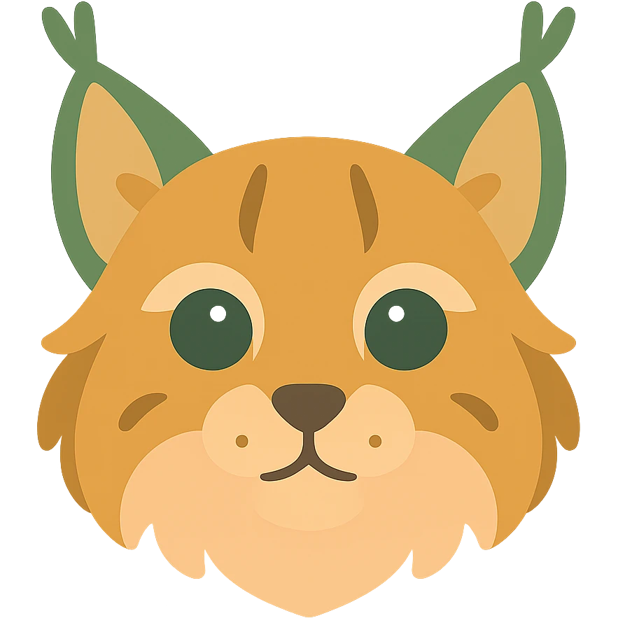 A cute and soft lynx face with big, expressive eyes, designed in a warm and magical color palette: golden orange (FA9B41), forest green (4A7C5C), muted taupe brown (96775A), and pastel peach (FFCC9A). The lynx’s fur is fluffy and soft, with a mix of warm browns and golden highlights. Its ears are tipped with tufts of fur in greenish tones, and its cheeks are gently rounded with subtle peach accents. The eyes are bright and curious, surrounded by soft fur in the warm color palette. The overall look is adorable, serene, and enchanting, evoking a gentle, woodland atmosphere. emoji