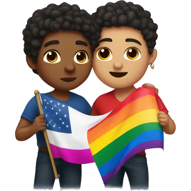 gay fat mexican boy with low taper fade hair cut kissing another gay mexican boy with long curly hair french style while holding pride flag emoji