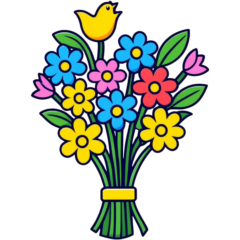 A "get well soon" bouquet of colorful flowers with a small card emoji