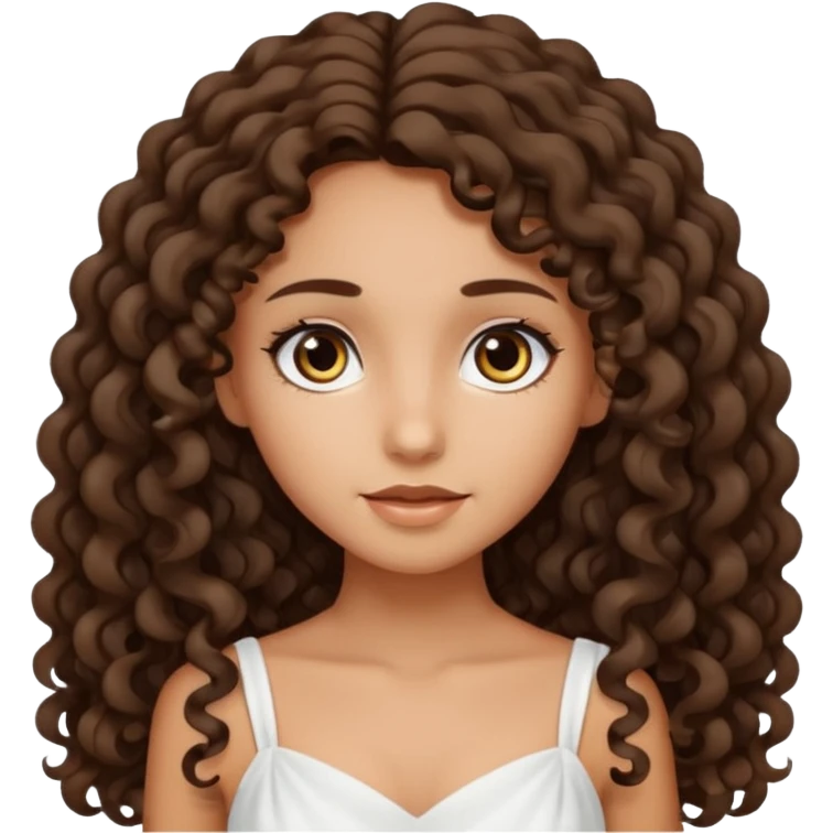 Light tanned skin girl with dark brown very long curly hair, dark eyes, white dress emoji
