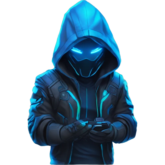 developer behind his laptop with this style : crysis Cyberpunk Riot Games Valorant neon glowing bright blue character blue black hooded assassin themed character emoji