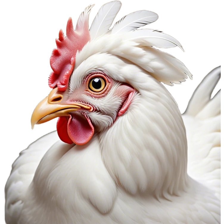 Cinematic Noble White Chicken Portrait Emoji, Poised and regal, with a compact, sturdy build and a pristine, well-groomed pure white plumage, deep-set soulful beady eyes, Simplified yet sharp and sophisticated features, highly detailed, glowing with a soft, dignified glow, high shine, intelligent and alert, stylized with an air of barnyard elegance, focused and attentive, soft glowing outline, capturing the essence of a watchful and confident fowl, so majestic it feels as though it could strut out of the screen with effortless authority! emoji