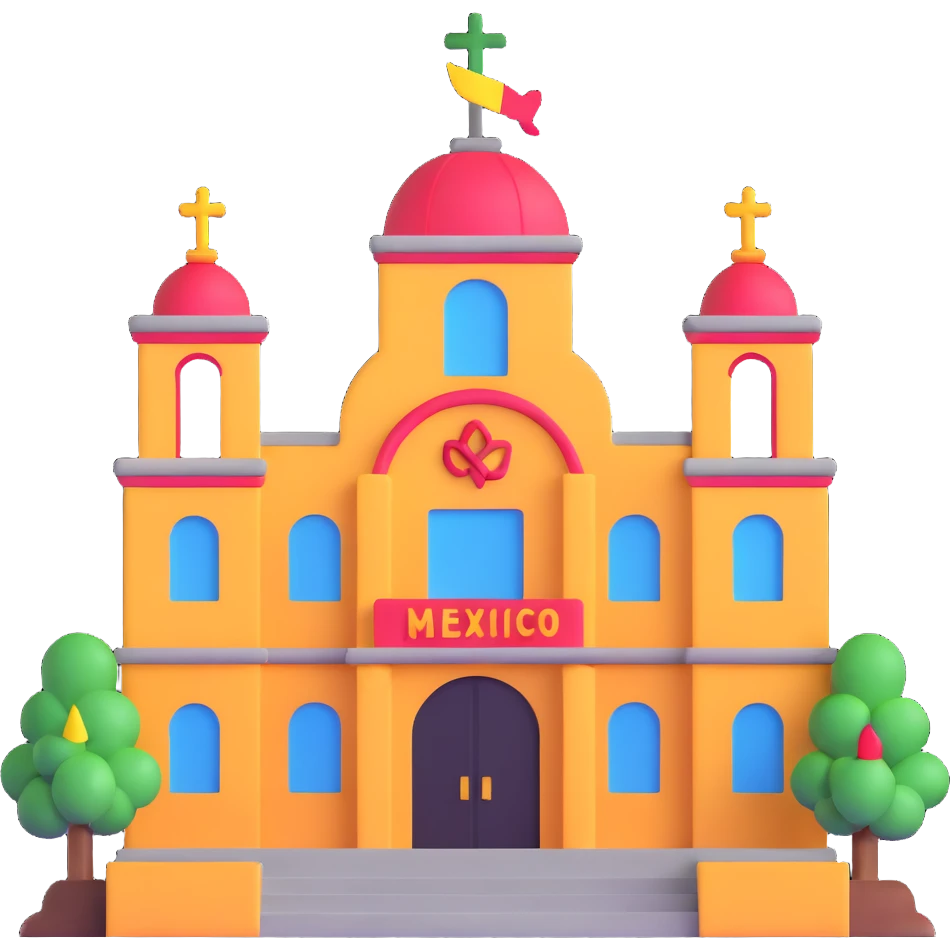 Mexican school building with educational symbols emoji