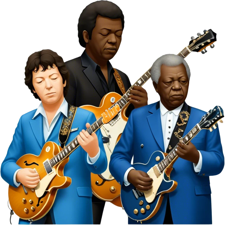 Icon for Blues Music: close-up collage of legendary blues artists. Gary Moore, Eric Clapton, B.B. King and Joe Cocker. Represented by silhouettes or symbolic items like guitars, microphones, or music notes, reflecting the soulful energy of blues music. Transparent background. emoji