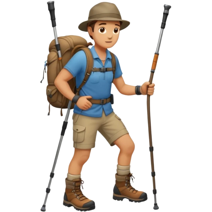A rugged hiker adjusting hiking poles while preparing for a trek.


 emoji