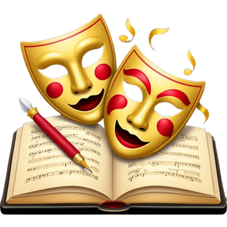 Create a bold and dramatic emoji representing the art of playwriting. The design should feature an open script or a theater playbook, with stylized text inside. Include elements like a theatrical comedy and tragedy masks, a stage spotlight, or a writting quill to symbolize creativity and performance. Use deep, contrasting colors like red, black, and gold to evoke the intensity and passion of drama. The overall design should feel dramatic, inspiring, and artistic. Make the background transparent. emoji