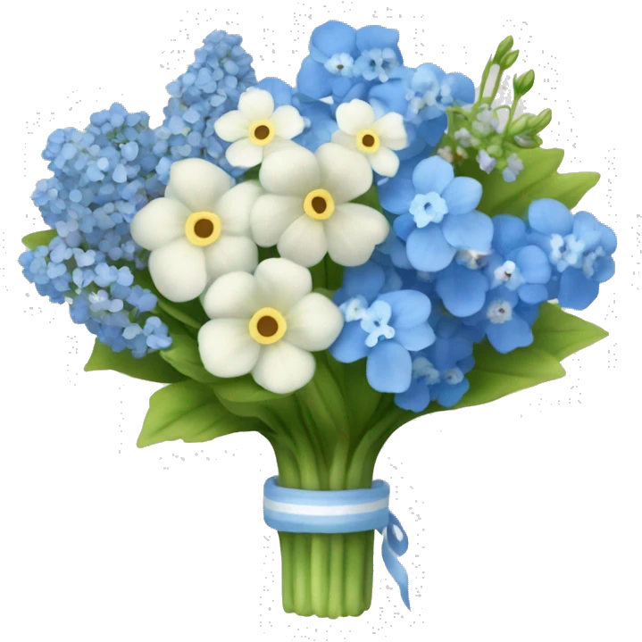 detailed bouquet of baby breaths, delphiniums, forget me nots, and blue hydrangeas  emoji