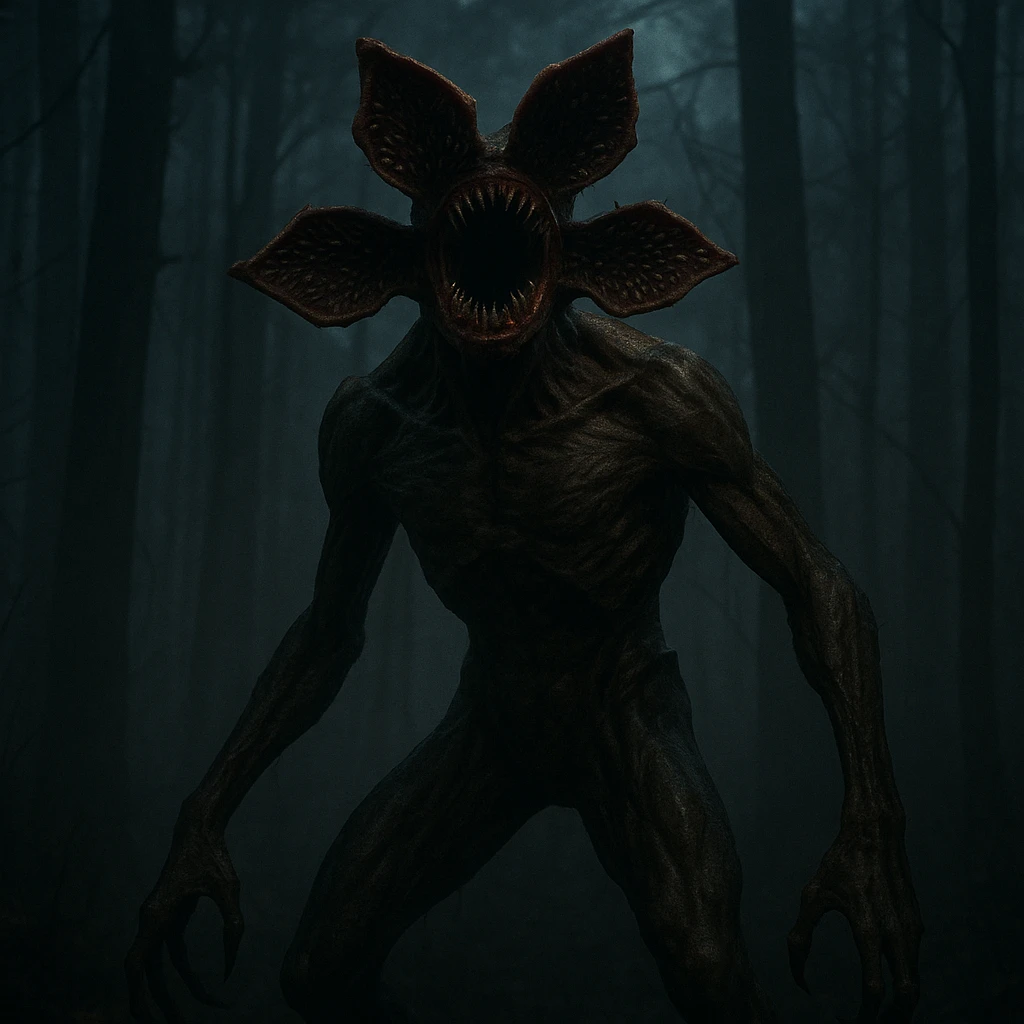 A Demogorgon in a dark, misty forest, inspired by Stranger Things, dramatic style, cinematic lighting, eerie atmosphere emoji