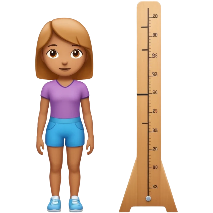 A 3D cartoon figure standing against a height chart, measurement marks visible, clean white background, Memoji-style. emoji