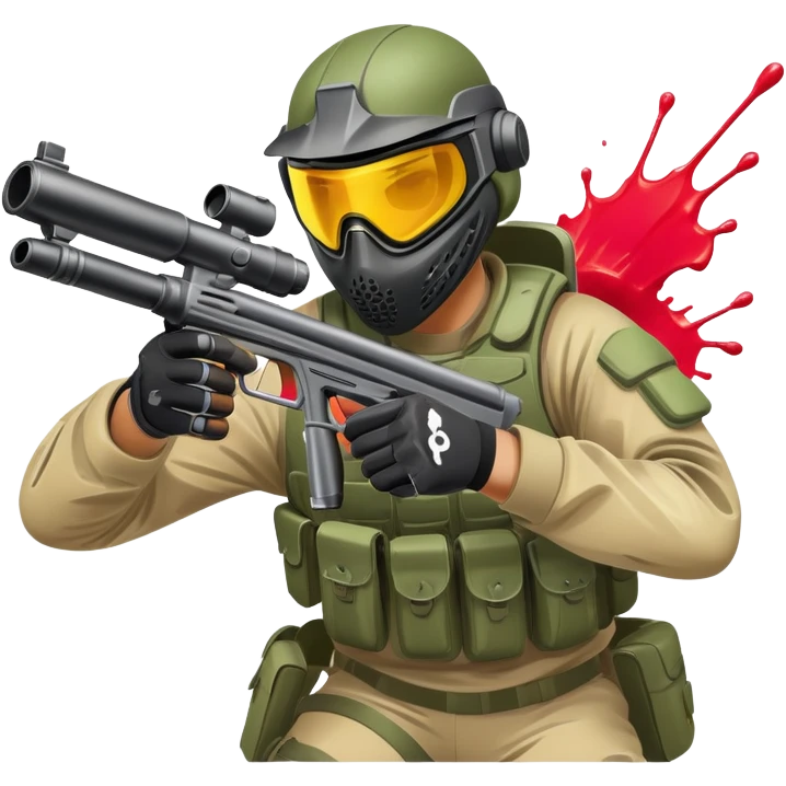 A paintball player in full gear, aiming a paintball gun with focus and determination. The scene includes vibrant splashes of paint and a dynamic battlefield setting, emphasizing action, strategy, and teamwork in a competitive environment emoji
