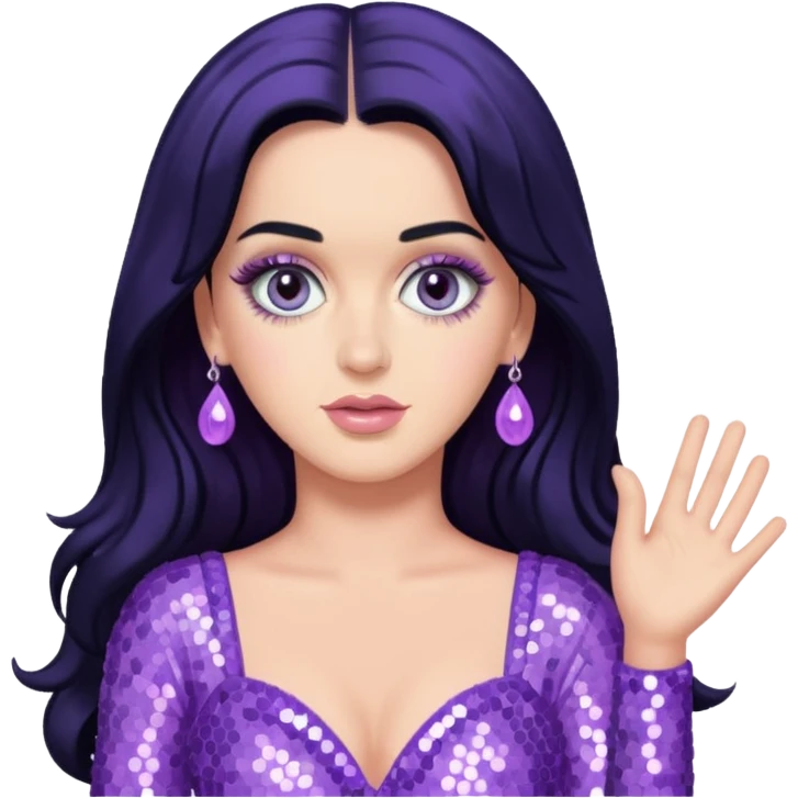 Katy Perry with long black hair, lavender sequin outfit emoji