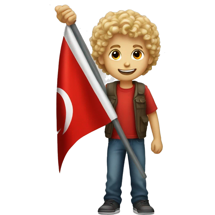 Curly blond boy holding a Turkish flag emoji