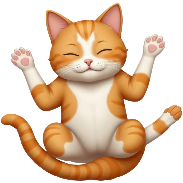 ginger and white small cat eyes closed lying down upside down with paws stretched out straight in different directions emoji