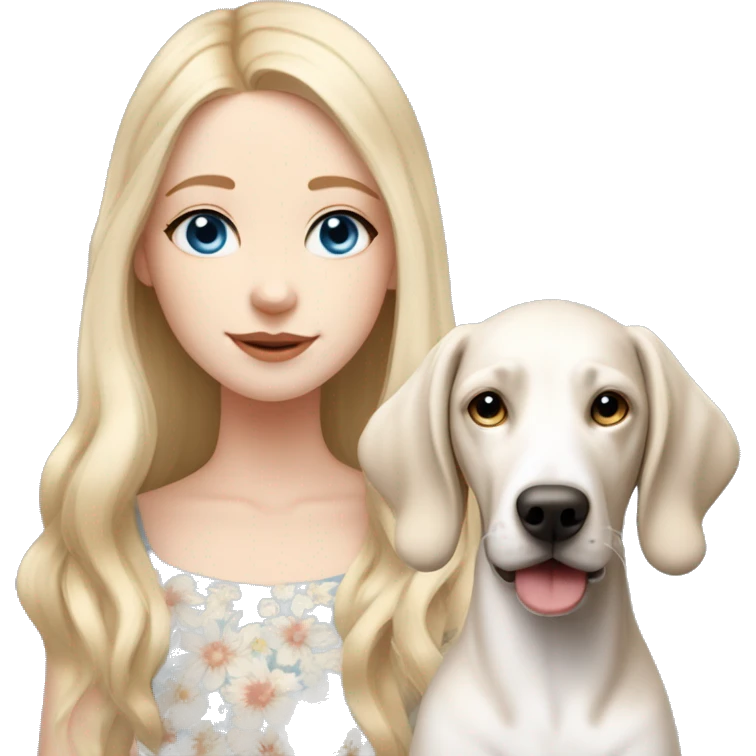 pale skin girl with blue eyes with long blonde hair that has a flower in her hair  holding a English pointer mixed with a lab dog the dog also has a flower in its hair emoji