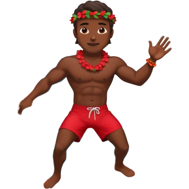 Dark muscular surfer in big wave wearing red shorts and head lei emoji