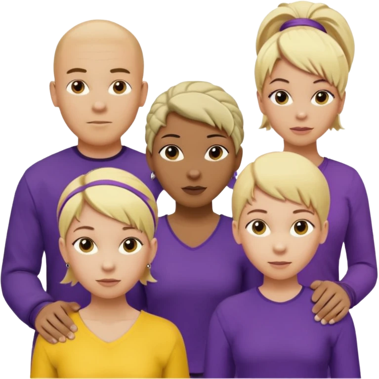 5 person team; 2 men and 3 women.  All dressed in yellow or purple.  1 caucasian woman with blonde mid length hair. 1 caucasian woman with blonde short length hair. 1 caucasian woman has ash blonde hair tied up. 1 man is African-american and bald, 1 man is caucasian and very little hair left.  
 emoji