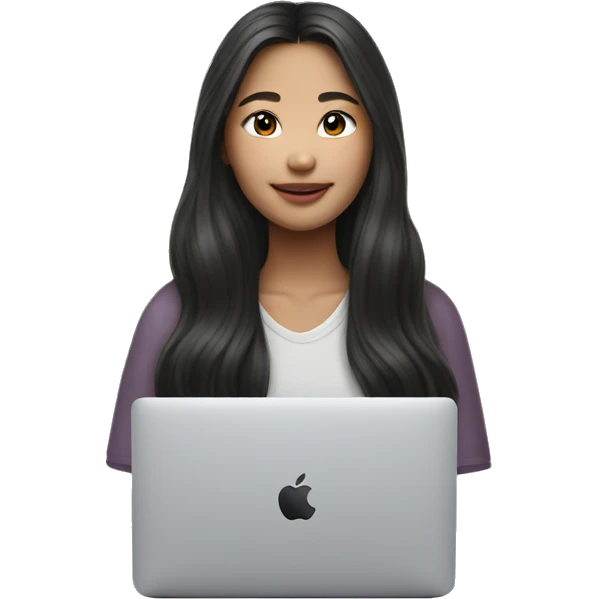 A asian girl wearing airpods max and looking at a macbook wavy long hair white skin emoji