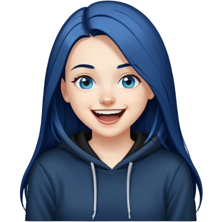 white girl with long straight dark blue hair wearing black hoodie blue eyes laughing hysterically  emoji