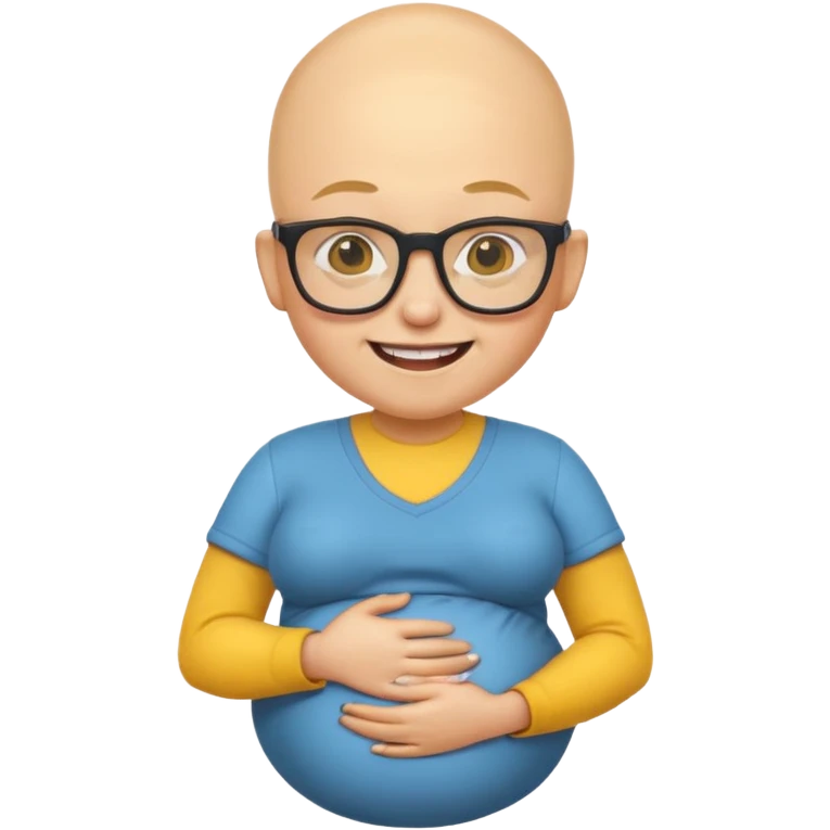 pregnant nerd emoji, yellow skin, buck teeth, bald, glasses, smiling, holding belly emoji