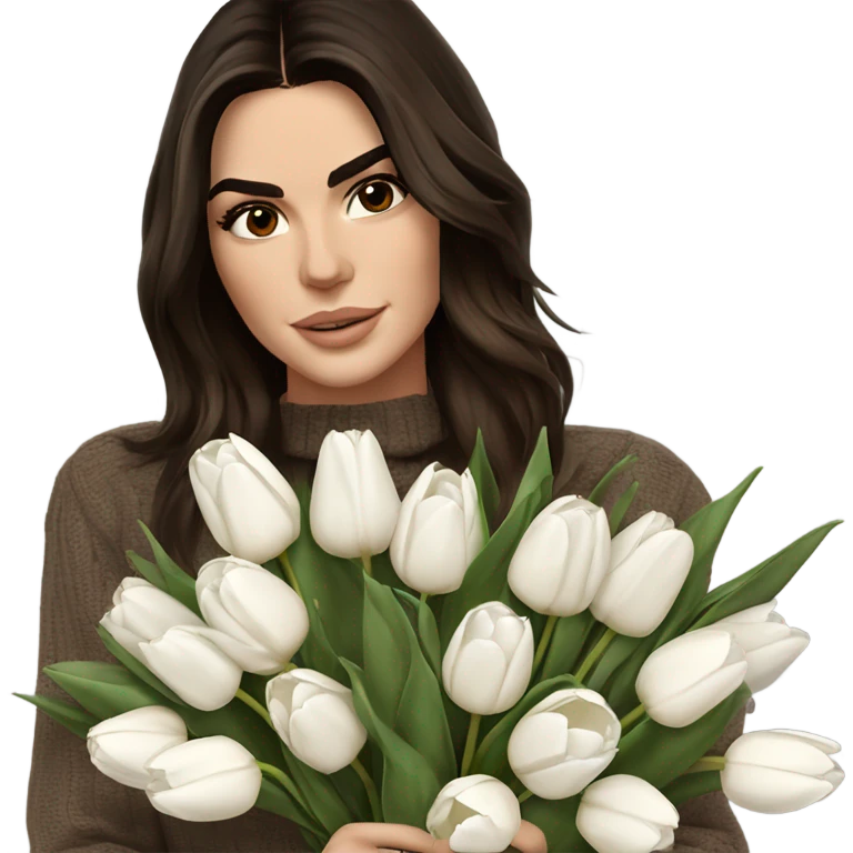 brunette Kendall Jenner with soft and long and brown hair her eyes brown and Holding a bouquet of white tulips Her hair is wavy and shiny With brown sweater just one  emoji
