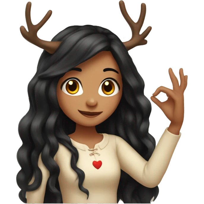 Girl with deers horns with long black hair with hands making heart emoji
