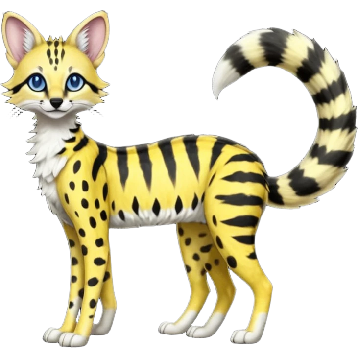 Lanky slender beautiful elegant spotted hype-realistic, black-maned, vibrant yellow Genet-Serval-Sergal-Margay-Fox-fusion-hybrid-furry-fursona, full body, with a long puffy fluffy black-and-white-striped tail, with natural blue eyes emoji