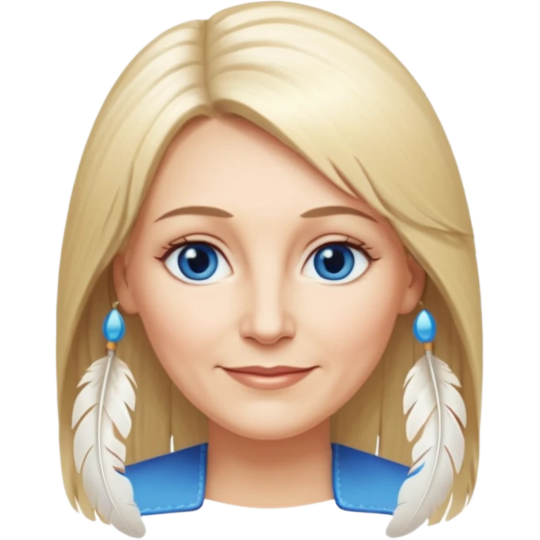 50 yr old white woman, feather bangs, very long straight blond hair, oval face, small smile, blue eyes, thin face, hair downback, hair parted at center of head, round cheeks, pale, longer hair emoji