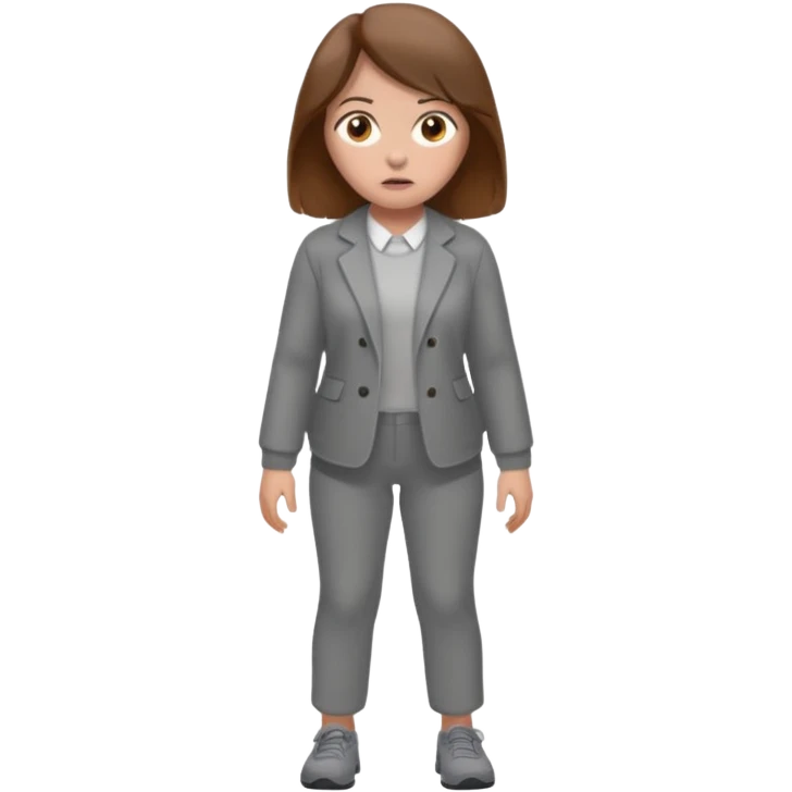 Chica grande  asustada de cuerpo completo con pelo castaño pantalones grises y saco gris  emoji