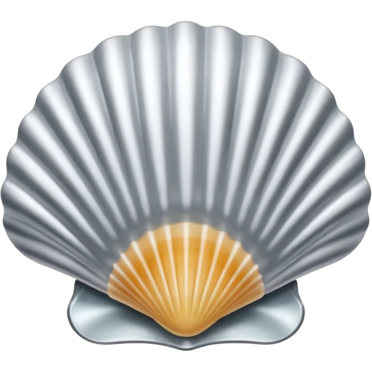 A seashell emoji made of polished silver chrome, smooth curved surface, reflective metallic highlights, elegant minimal design, iOS emoji style, centered, clean white background, soft lighting emoji