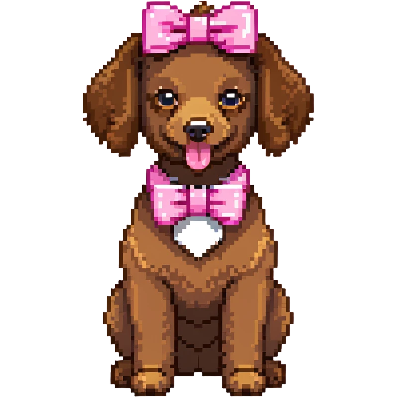 cute brown poodle with a pink bow on its head and tail, tongue sticking out, and a pink collar emoji
