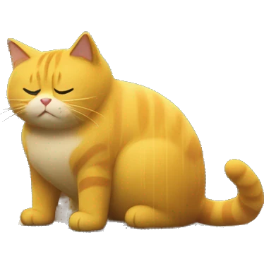 On a rainy night, a fat yellow cat was eating a McDonald's on a busy bridge,The cat was getting ready to jump emoji
