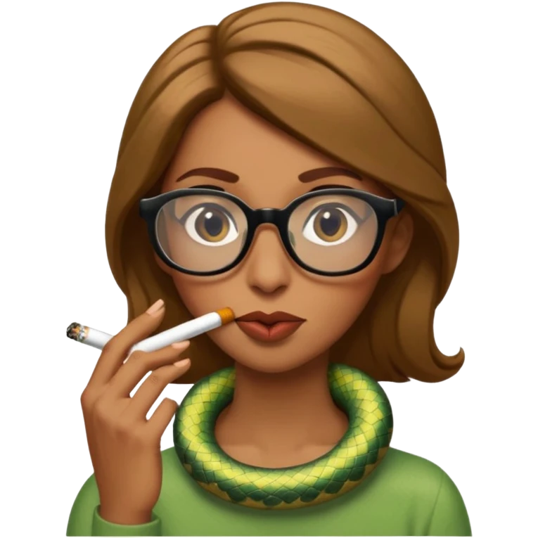 can you create a sneaky bitch SNAKE with big glasses smoking a cigarrette - with light brown hair, green snake, with hands on her chin as if she's innocent but with a bitchy look in her eyes and cigarrette in the mouth emoji