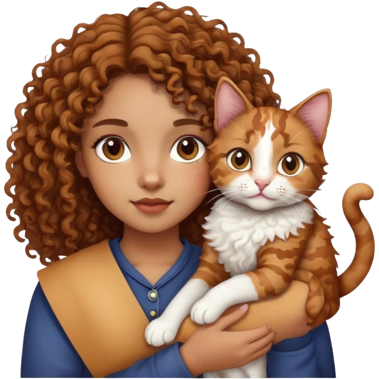 Curly hair light brown skin girl holding calico cat emoji