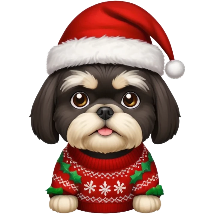 BLACK SHIH TZU WITH CHRISTMAS SWEATER AND HAT emoji