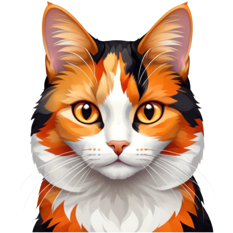 cinematic-noble-calico-cat-portrait-emoji,-poised-and-regal,-with-a-striking-patchwork-fur-in-vibrant-orange,-black,-and-white-hues premoninantly black,-delicate-whiskers-and-a-refined,-relaxed-gaze,-simplified-yet-exquisitely-detailed,-glowing emoji